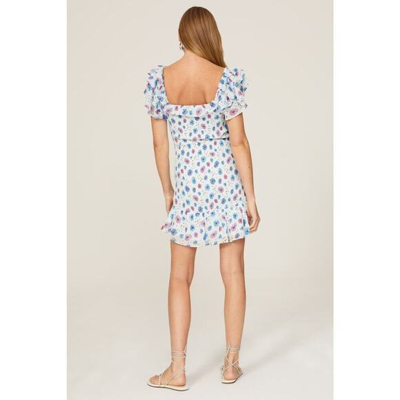 LoveShackFancy Kodie Dress Smocked Flutter Sleeve Blue Printed  L - Picture 3 of 12